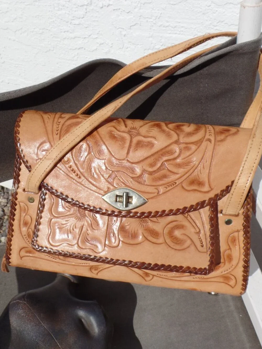 Vintage Hand-Tooled Leather Mexican Top-Handle Satchel 70's